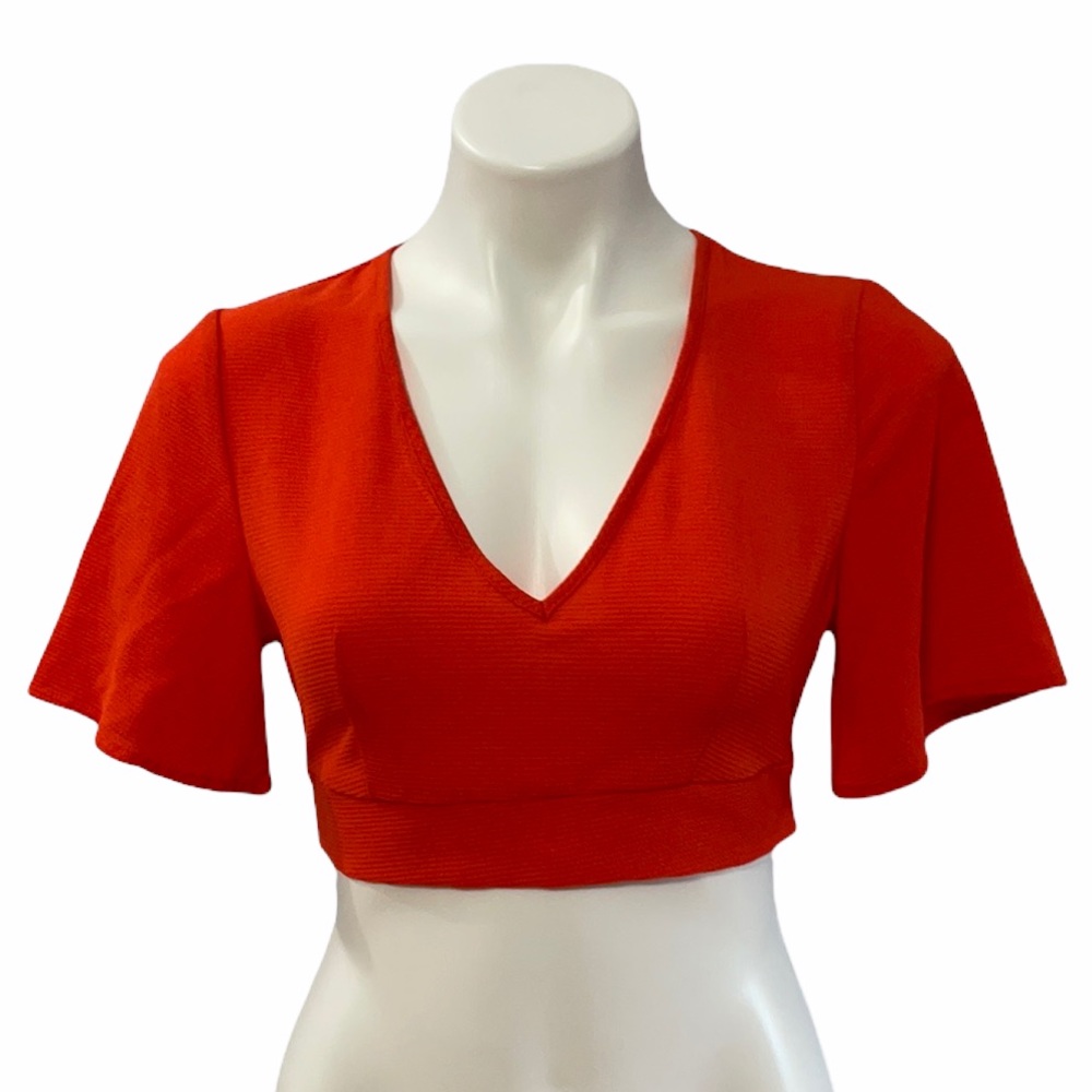 Orange v-neck crop top zipper back with tie around bow